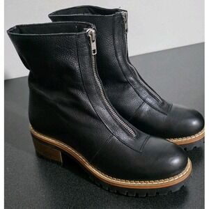 NEW SPAIN Bertuchi Front Zip Lug Sole Leather Moto Chelsea Boots Black 7.5/38